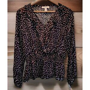 New Emaline Sheer Black Polkadot Long Sleeve Ruffle Peplum Top Sz M Whimsygoth
